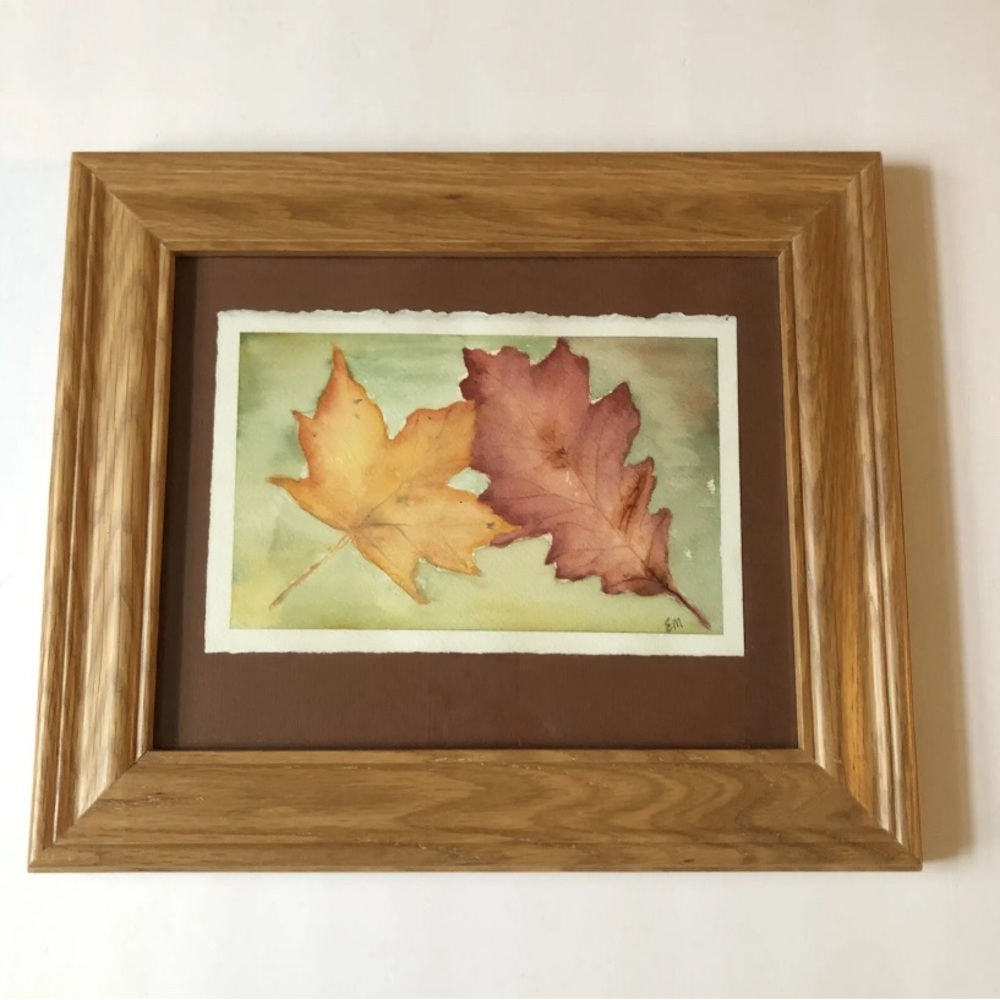 Framed Autumn Leaves Watercolor Art Signed By Artist Ellen McNerney Rustic Fall - Picture 2 of 4